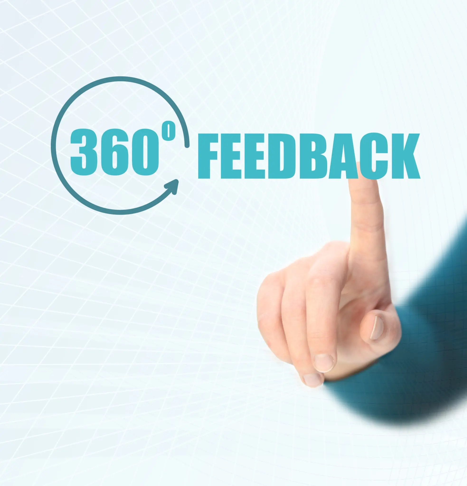 360-degree feedback graphic with a circular arrow and a hand selecting the feedback label