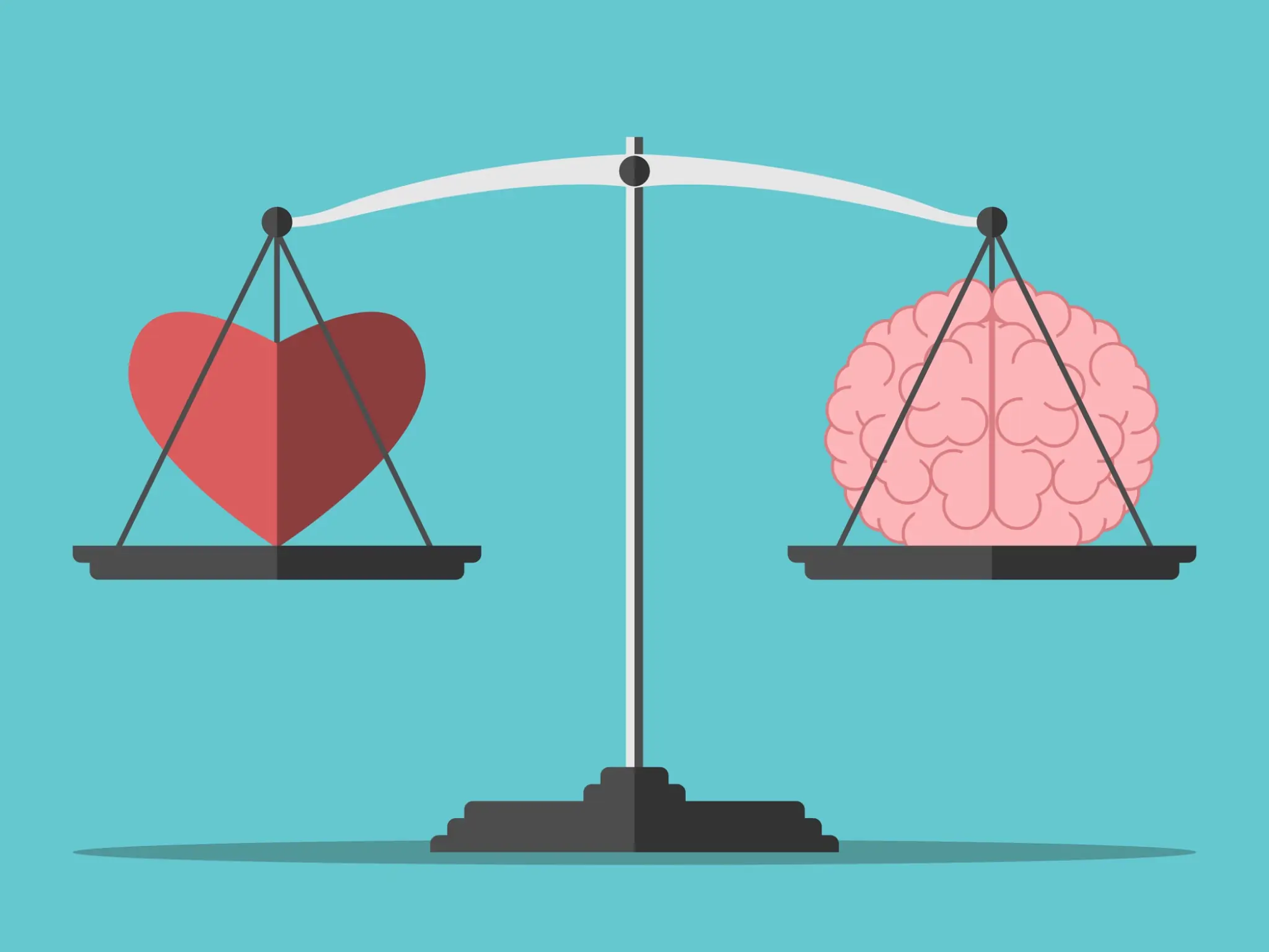 Illustration of a heart and brain balanced equally on weighing scales
